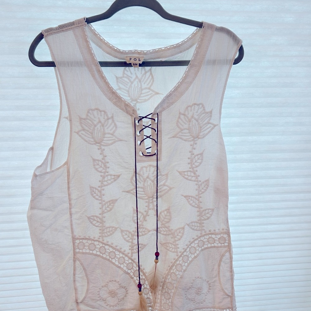 POL White embroidered lace up top.